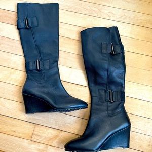 DKNYC Nicole Black Leather Wedge Boots
